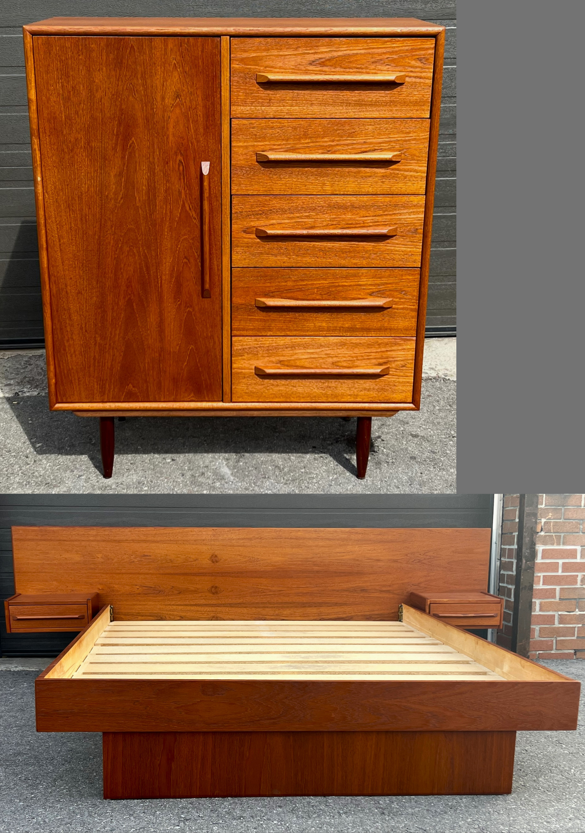 REFINISHED Mid Century Modern Teak Queen Bed w Nightstands & Tallboy