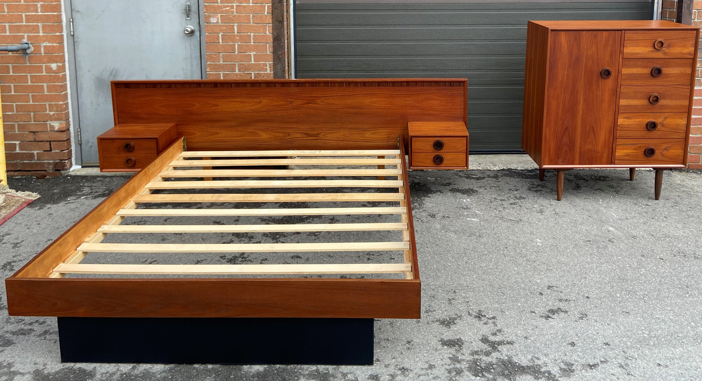 REFINISHED Mid Century Modern Teak Queen Bed & Dresser w Rosewood, PERFECT