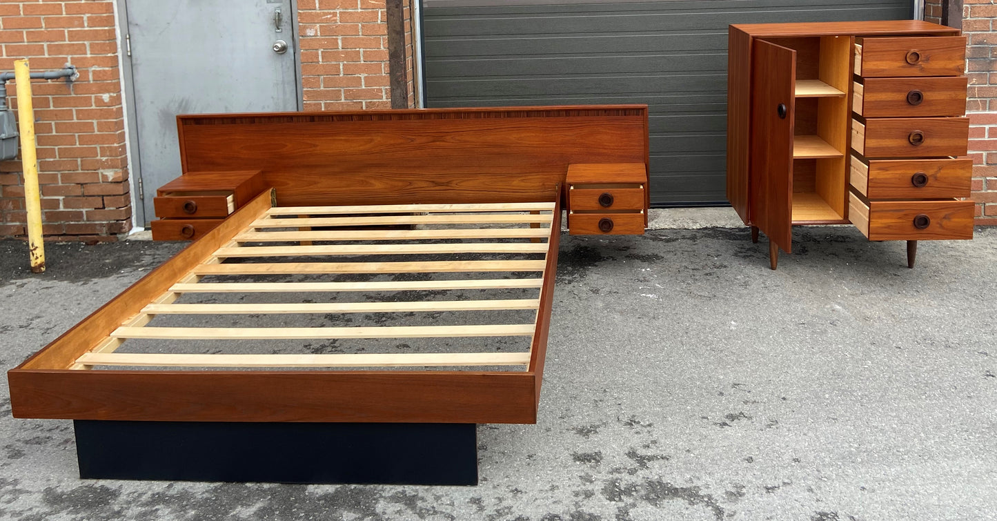 REFINISHED Mid Century Modern Teak Queen Bed & Dresser w Rosewood, PERFECT