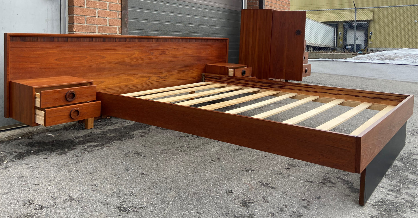 REFINISHED Mid Century Modern Teak Queen Bed & Dresser w Rosewood, PERFECT