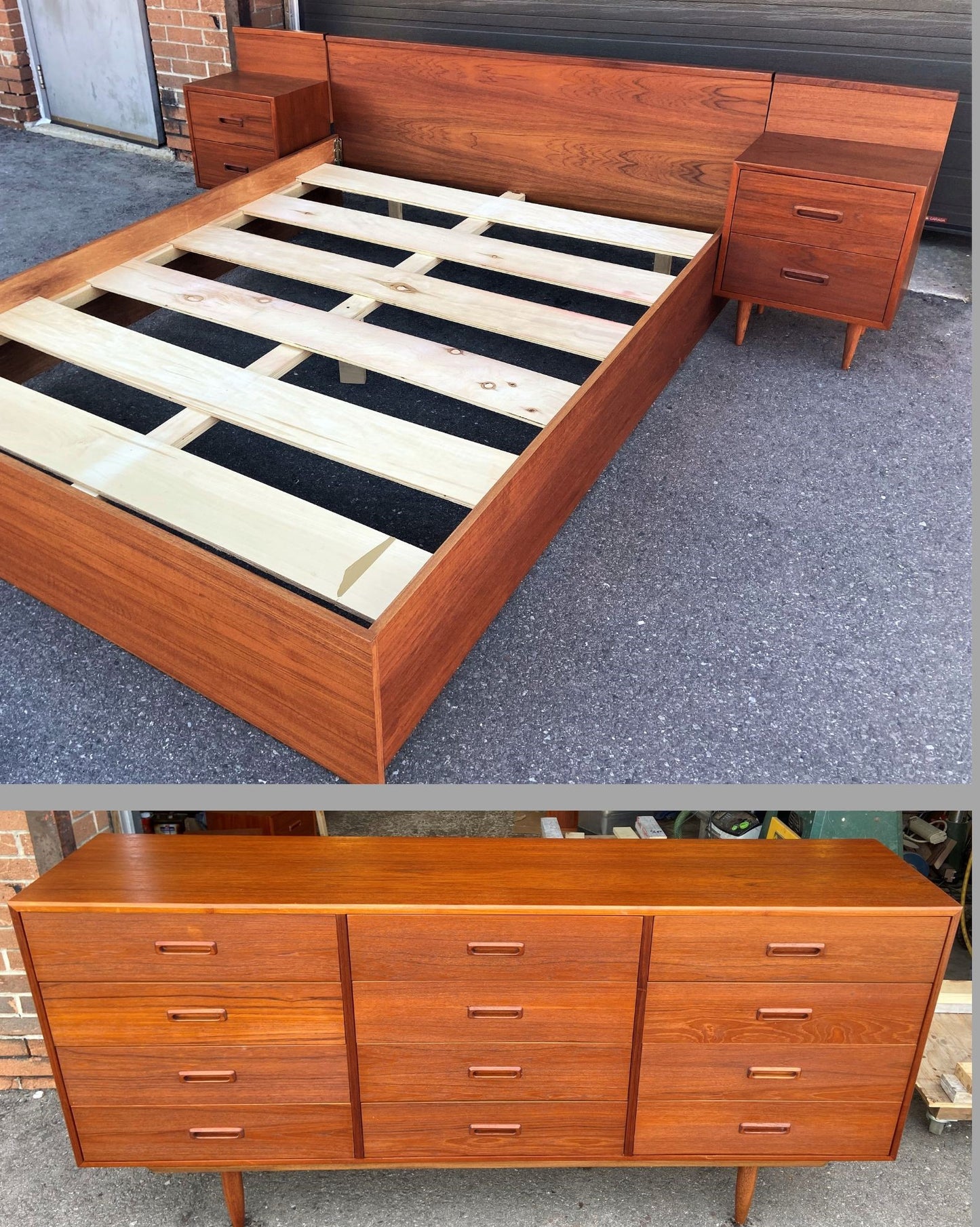 REFINISHED Mid Century Modern Teak Queen Bed, Nightstands & Dresser 12 Drawers