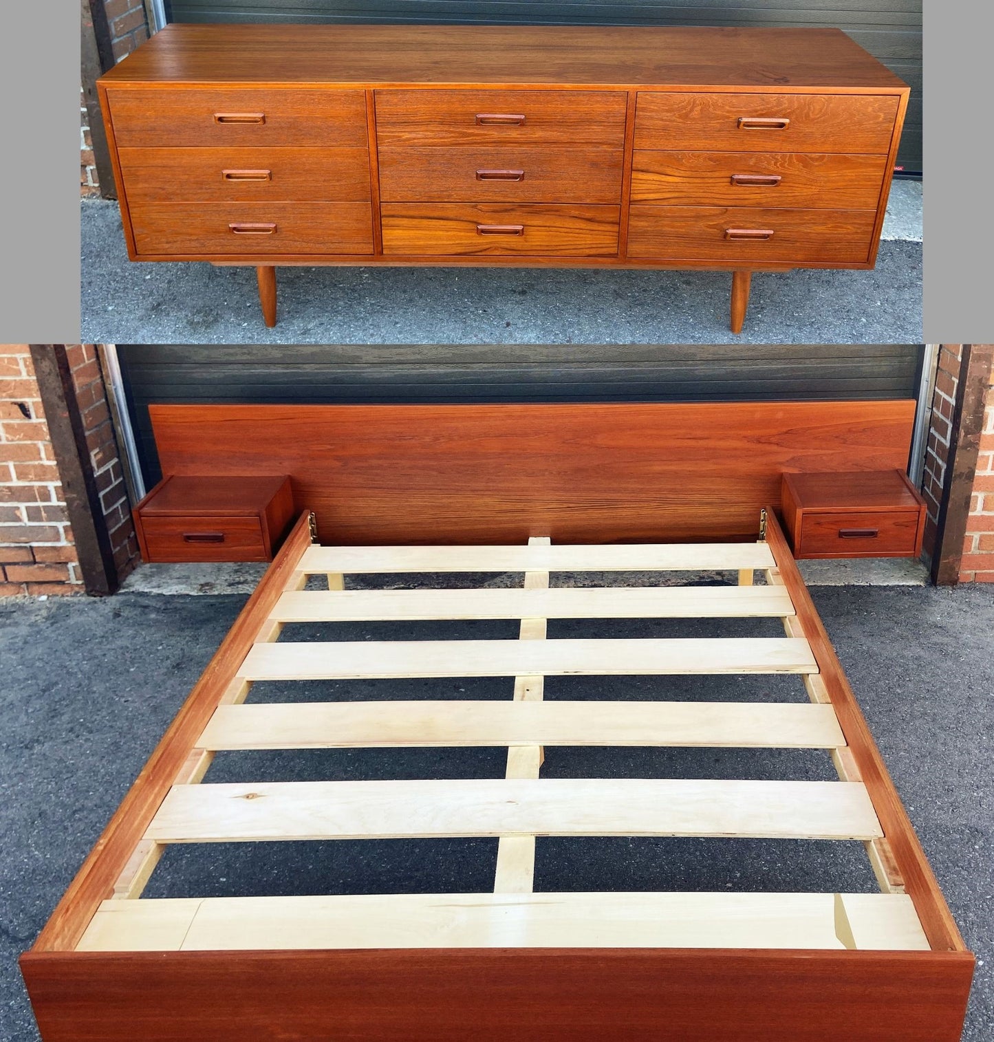 REFINISHED Mid Century Modern Teak Queen Bed w Nightstands & Dresser 9 Drawers