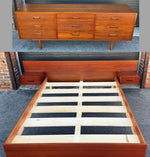 REFINISHED Mid Century Modern Teak Queen Bed w Nightstands & Dresser 9 Drawers 1