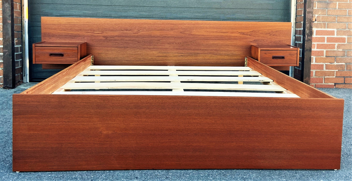 REFINISHED Mid Century Modern Teak Queen Bed w Nightstands & Dresser 9 Drawers
