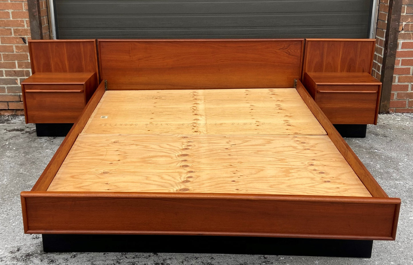 REFINISHED Mid Century Modern Teak Queen Bed w 2 Nightstands