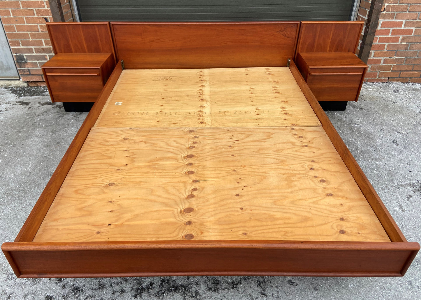 REFINISHED Mid Century Modern Teak Queen Bed w 2 Nightstands