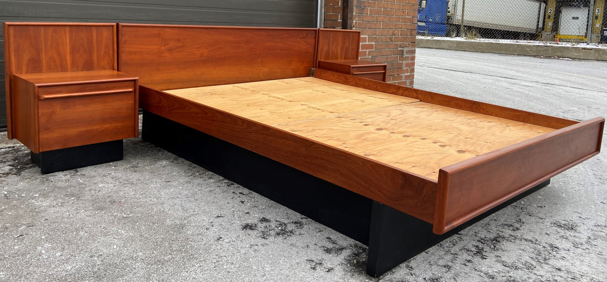 REFINISHED Mid Century Modern Teak Queen Bed w 2 Nightstands