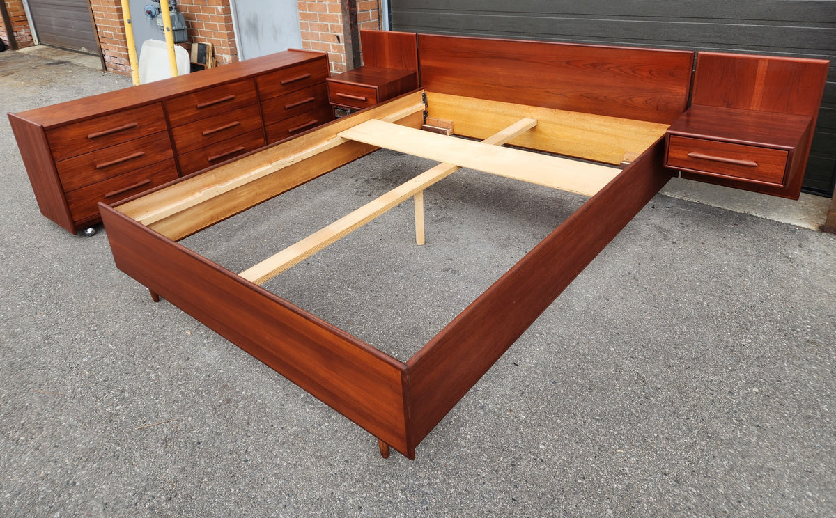 REFINISHED Mid Century Modern Queen Teak Bed w Nightstands & Low Dresser