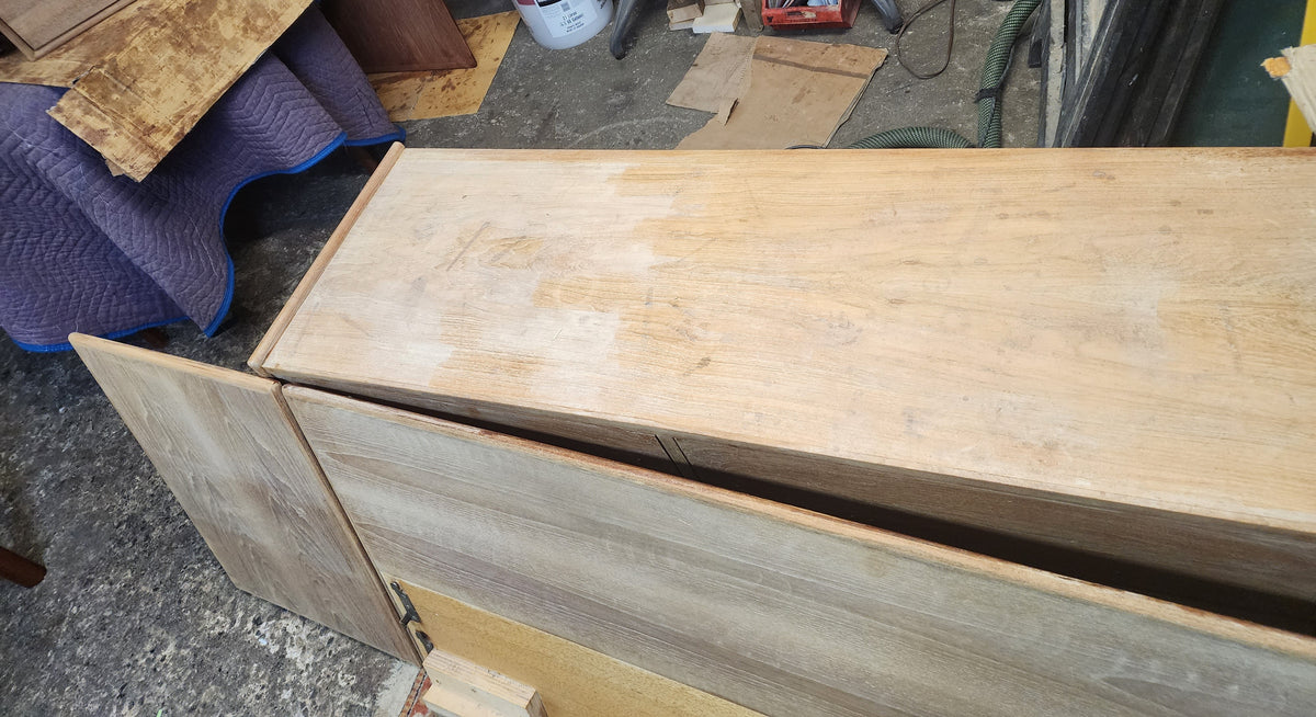 REFINISHED Mid Century Modern Queen Teak Bed w Nightstands & Low Dresser