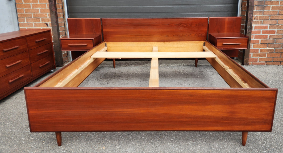 REFINISHED Mid Century Modern Queen Teak Bed w Nightstands & Low Dresser