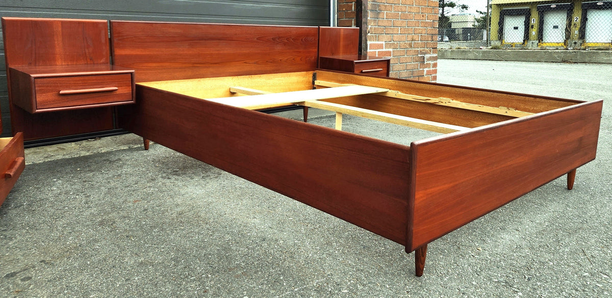 REFINISHED Mid Century Modern Queen Teak Bed w Nightstands & Low Dresser