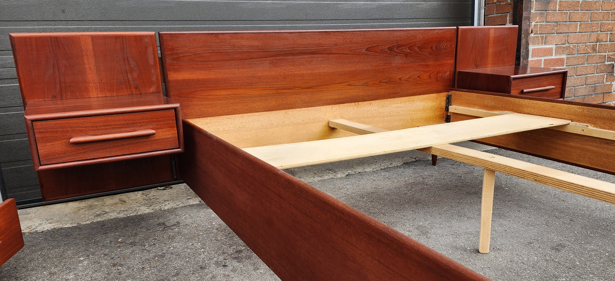 REFINISHED Mid Century Modern Queen Teak Bed w Nightstands & Low Dresser
