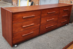 REFINISHED Mid Century Modern Queen Teak Bed w Nightstands & Low Dresser 7