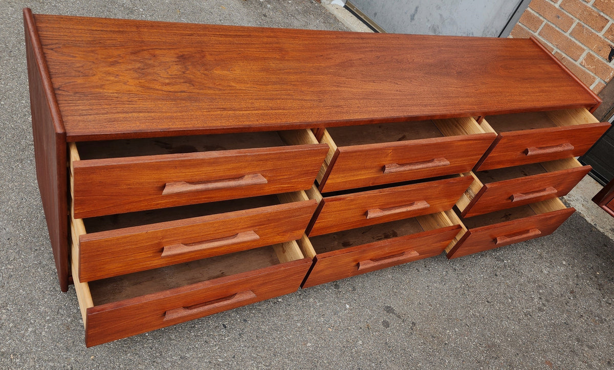 REFINISHED Mid Century Modern Queen Teak Bed w Nightstands & Low Dresser