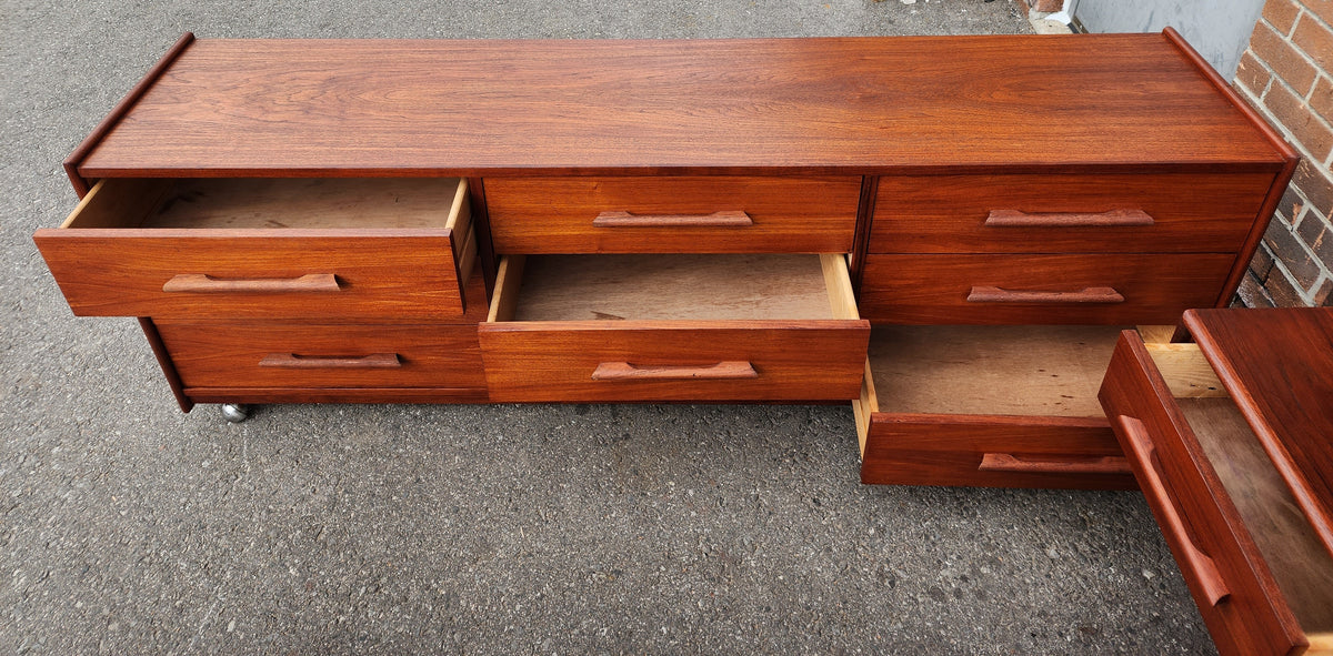 REFINISHED Mid Century Modern Queen Teak Bed w Nightstands & Low Dresser