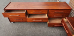 REFINISHED Mid Century Modern Queen Teak Bed w Nightstands & Low Dresser 10