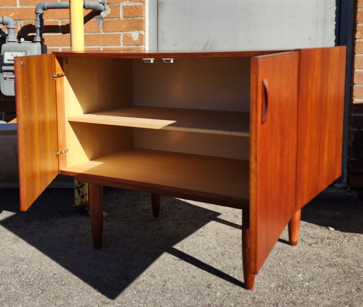 REFINISHED Danish Mid Century Modern Teak Cabinet w 2 Doors, Deep & Small 35.5