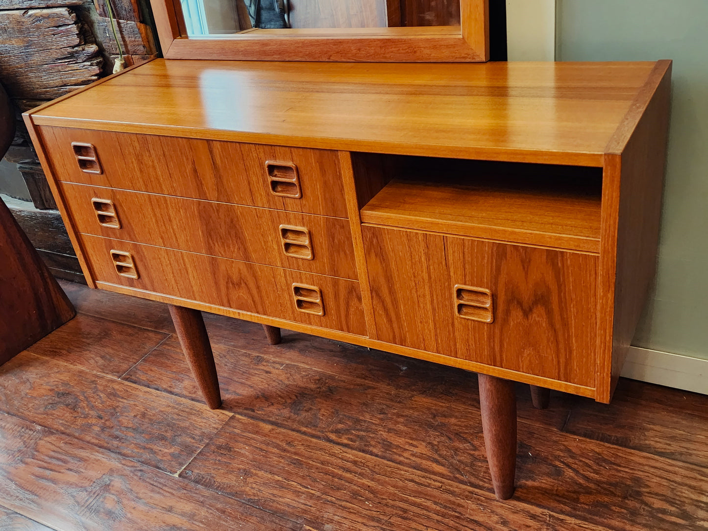 REFINISHED Mid Century Modern teak cabinet & mirror