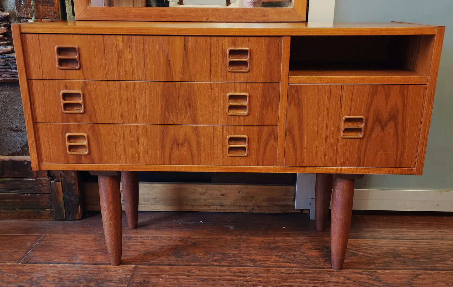 REFINISHED Mid Century Modern teak cabinet & mirror