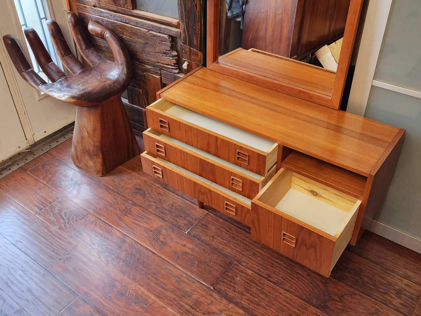 REFINISHED Mid Century Modern teak cabinet & mirror