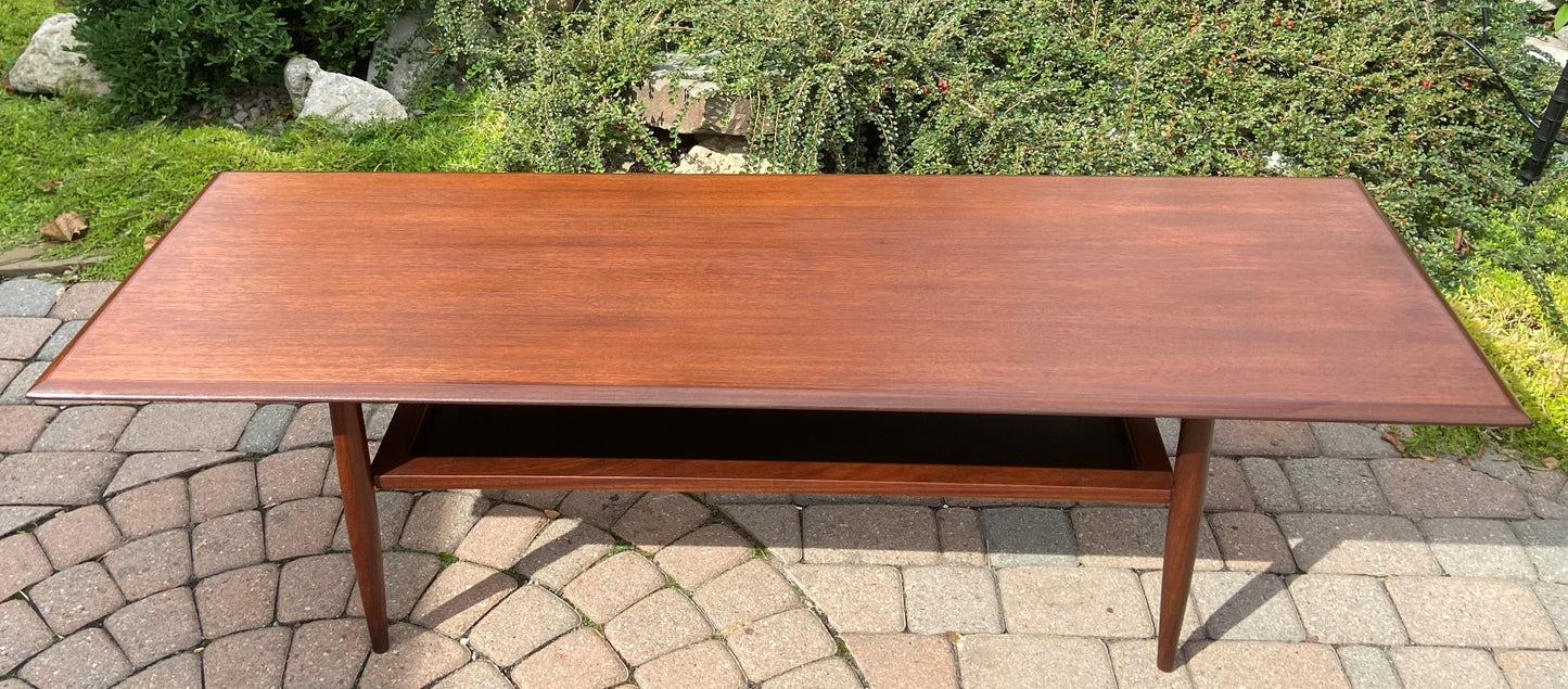 REFINISHED Mid Century Modern Teak Coffee Table with Shelf by RS Associates 6ft