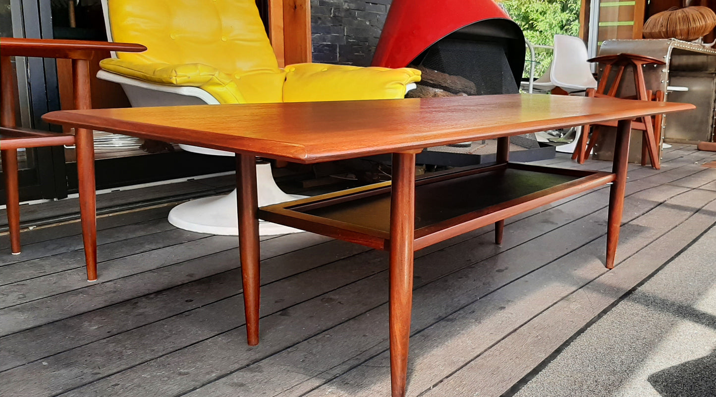 REFINISHED Mid Century Modern Teak Coffee Table with Shelf by RS Associates 6ft