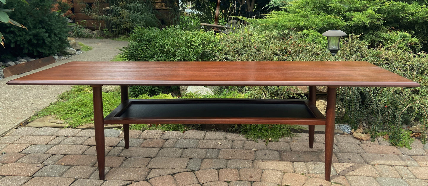 REFINISHED Mid Century Modern Teak Coffee Table with Shelf by RS Associates 6ft