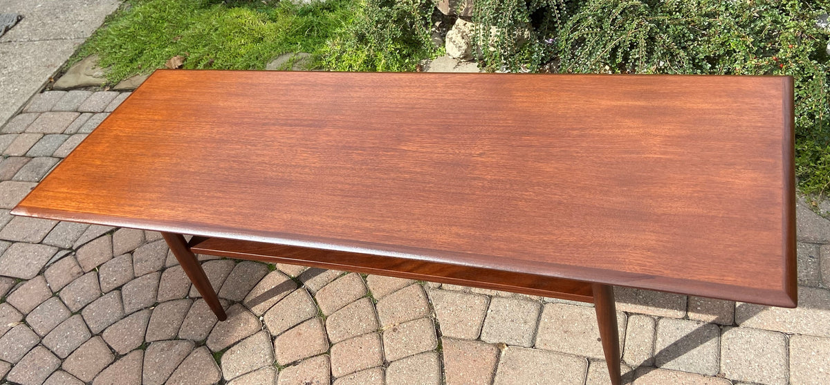 REFINISHED Mid Century Modern Teak Coffee Table with Shelf by RS Associates 6ft