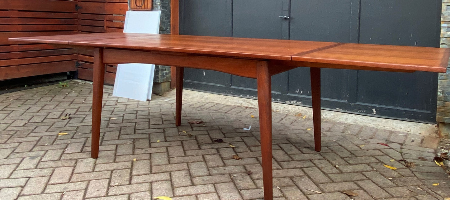 REFINISHED Danish MCM Teak Draw Leaf Table, 57"-104" large