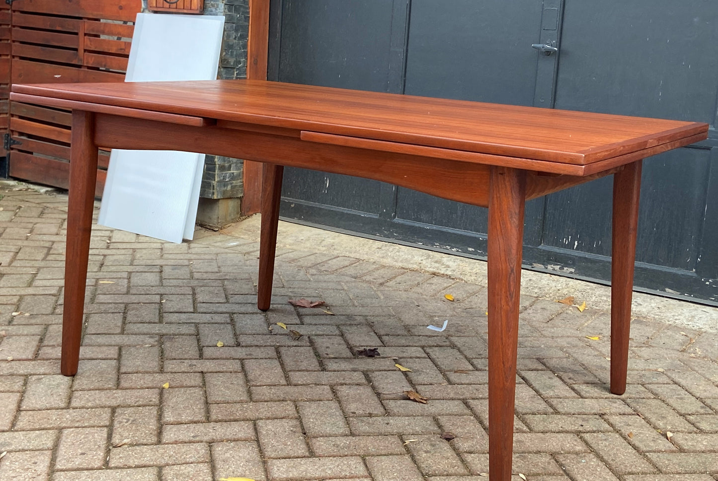 REFINISHED Danish MCM Teak Draw Leaf Table, 57"-104" large