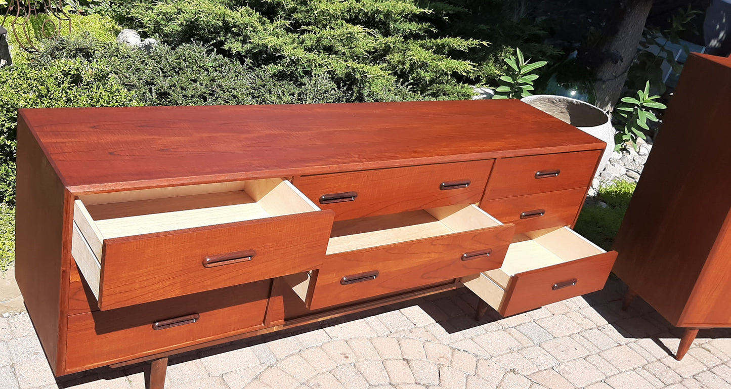 REFINISHED MCM Teak Set of Dresser 9 Drawers and Talboy, PERFECT