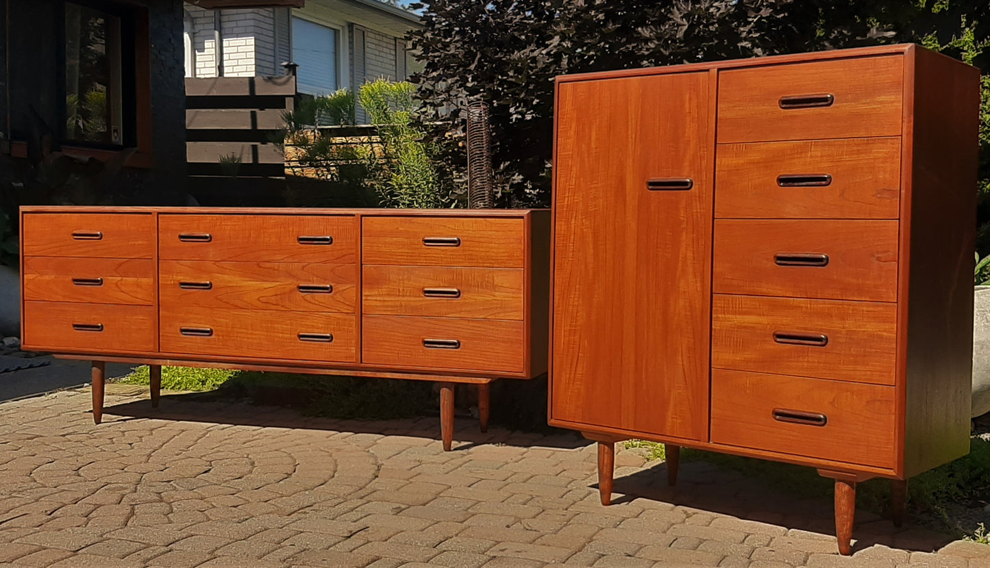 REFINISHED MCM Teak Set of Dresser 9 Drawers and Talboy, PERFECT