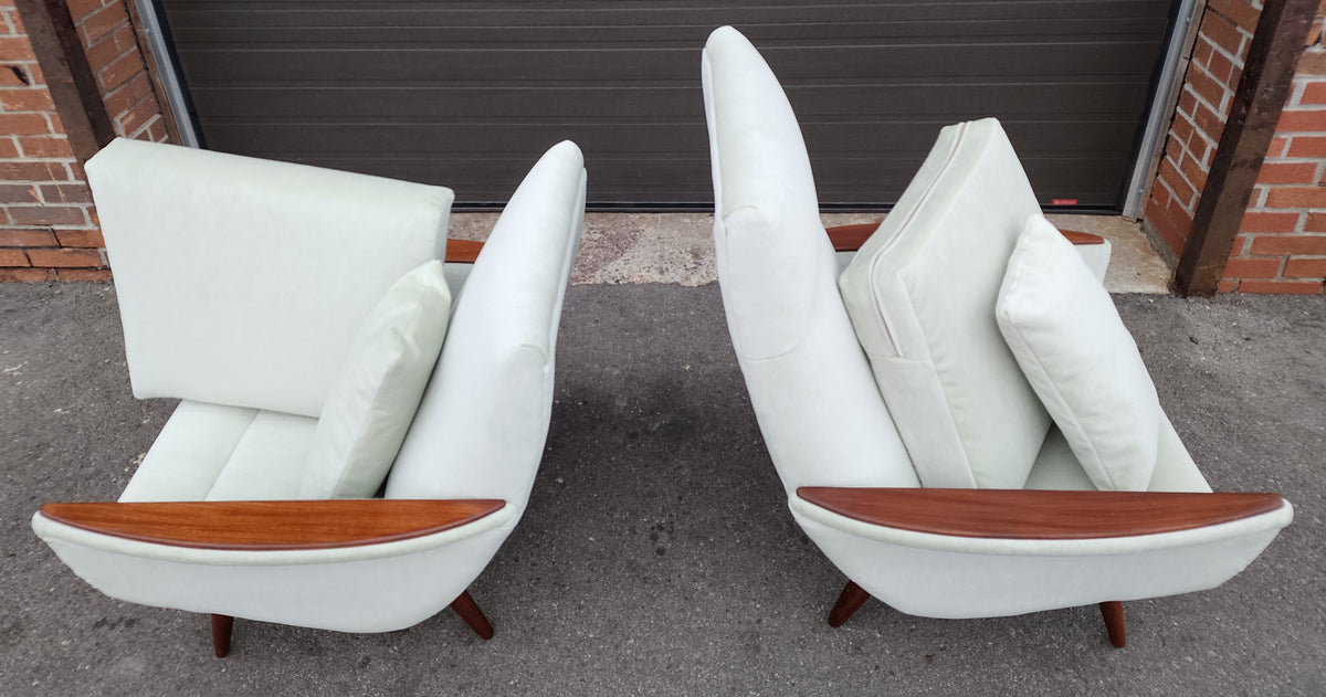Set of 2 REFINISHED REUPHOLSTERED in wool mohair teak Mid Century Modern Lounge Chairs