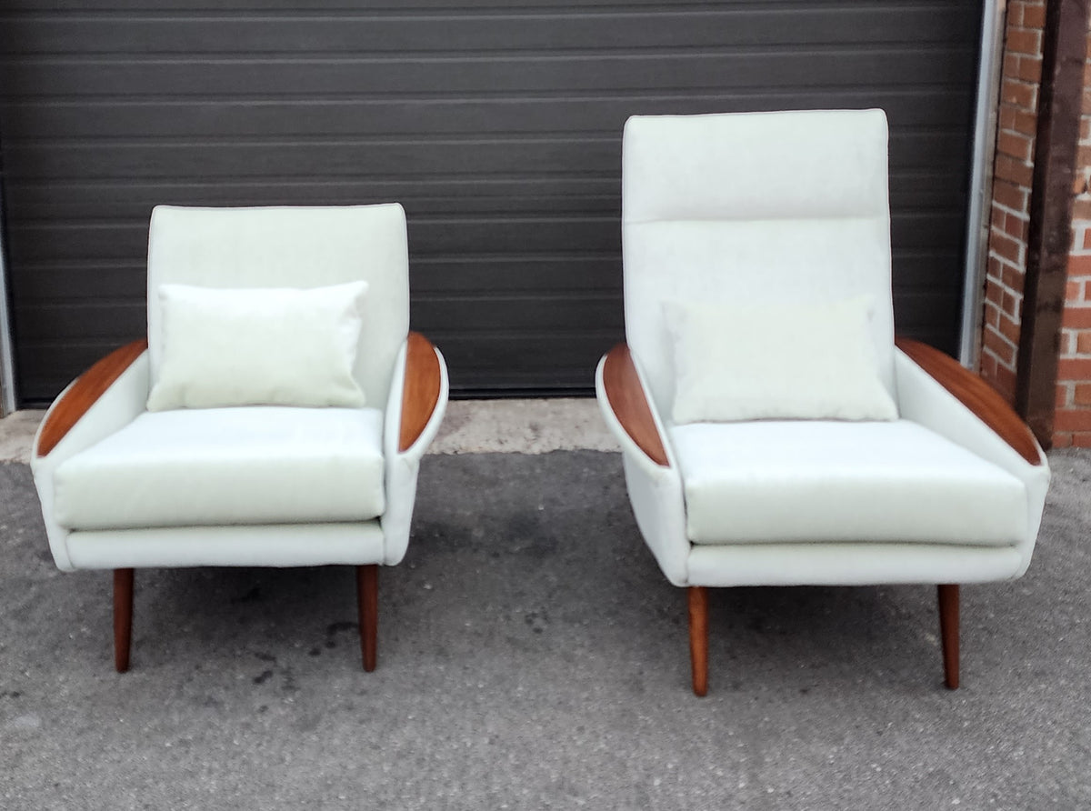 Set of 2 REFINISHED REUPHOLSTERED in wool mohair teak Mid Century Modern Lounge Chairs