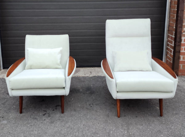 Set of 2 REFINISHED REUPHOLSTERED in wool mohair teak Mid Century Modern Lounge Chairs