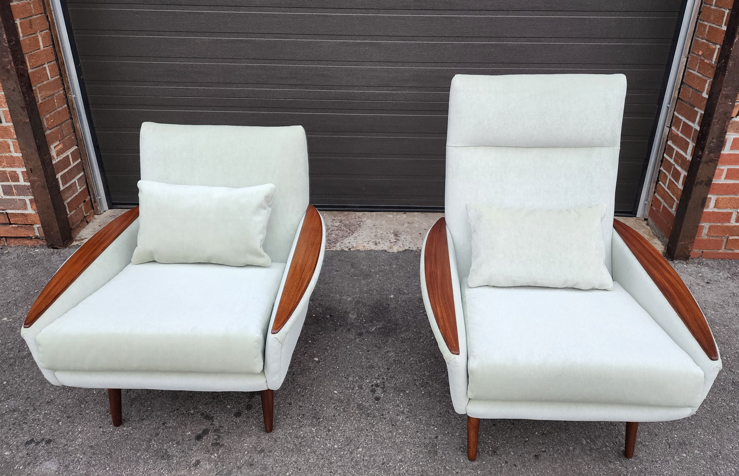 Set of 2 REFINISHED REUPHOLSTERED in wool mohair teak Mid Century Modern Lounge Chairs