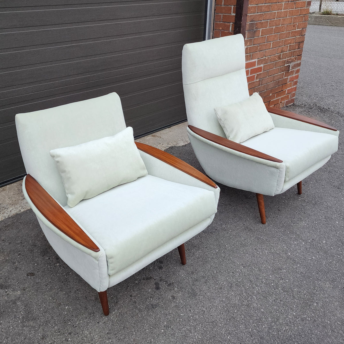 Set of 2 REFINISHED REUPHOLSTERED in wool mohair teak Mid Century Modern Lounge Chairs