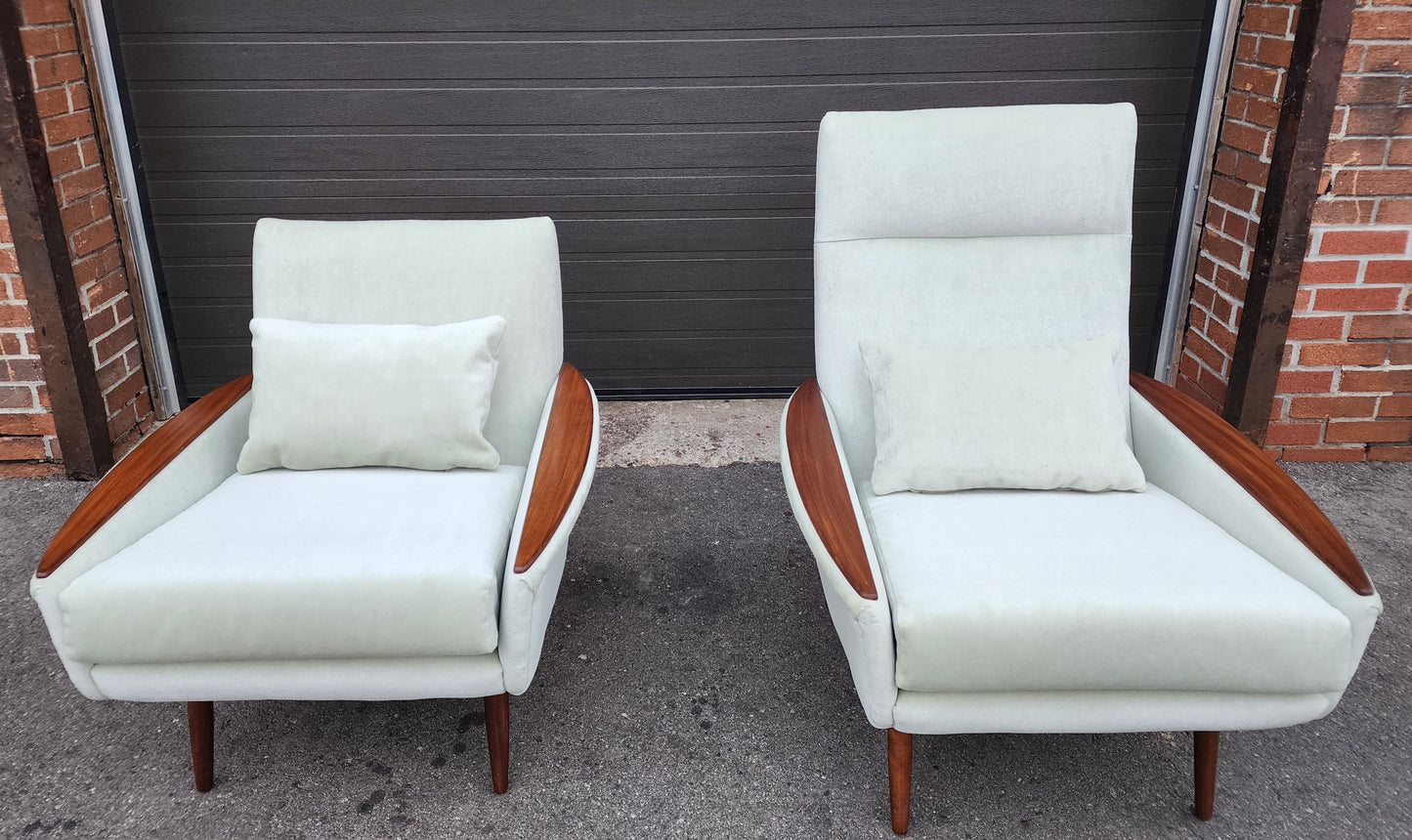 Set of 2 REFINISHED REUPHOLSTERED in wool mohair teak Mid Century Modern Lounge Chairs