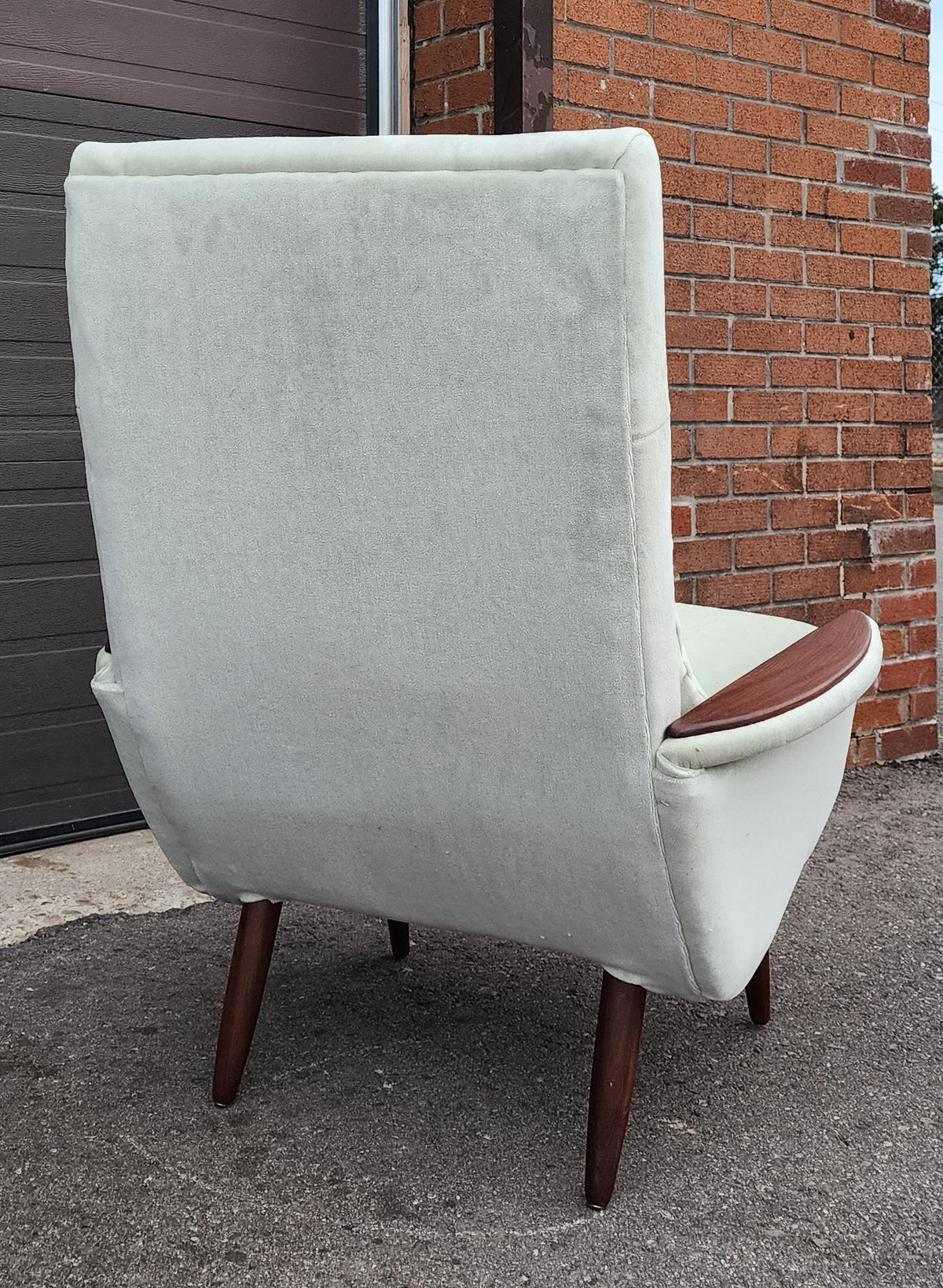 Set of 2 REFINISHED REUPHOLSTERED in wool mohair teak Mid Century Modern Lounge Chairs