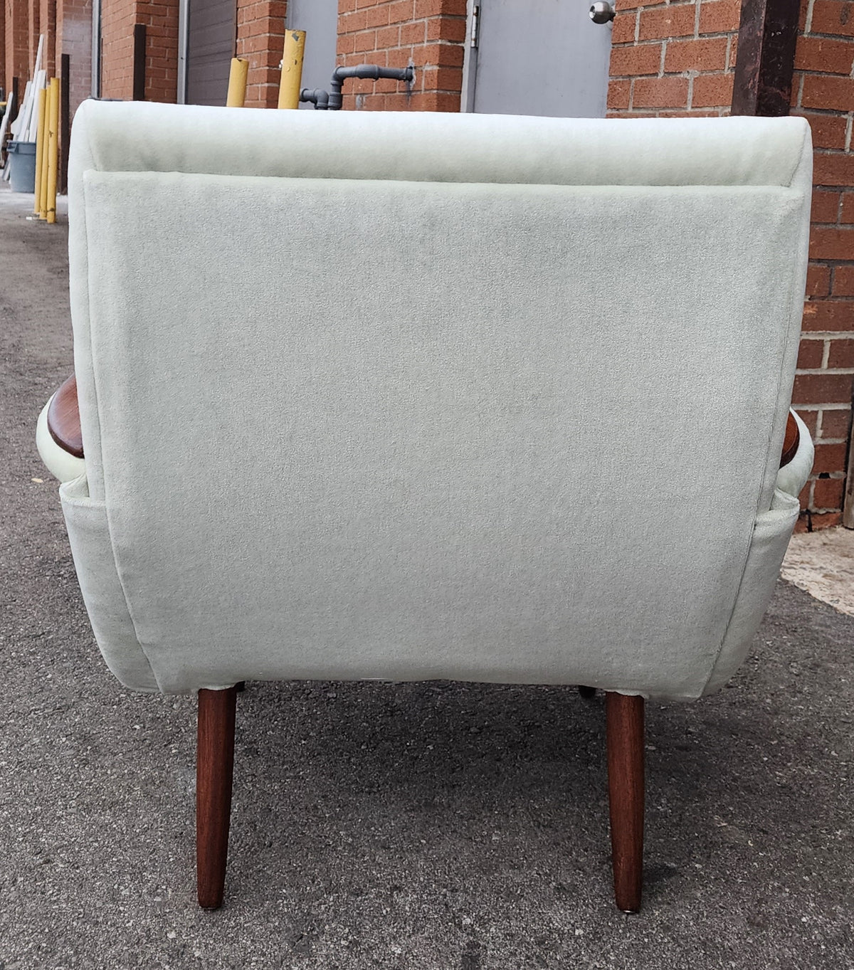 Set of 2 REFINISHED REUPHOLSTERED in wool mohair teak Mid Century Modern Lounge Chairs
