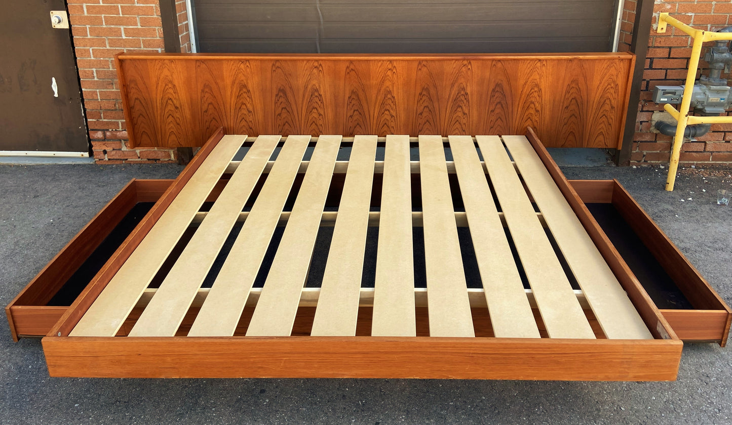 REFINISHED Mid Century Modern Teak King Bed w Storage Drawers & 2 Nightstands