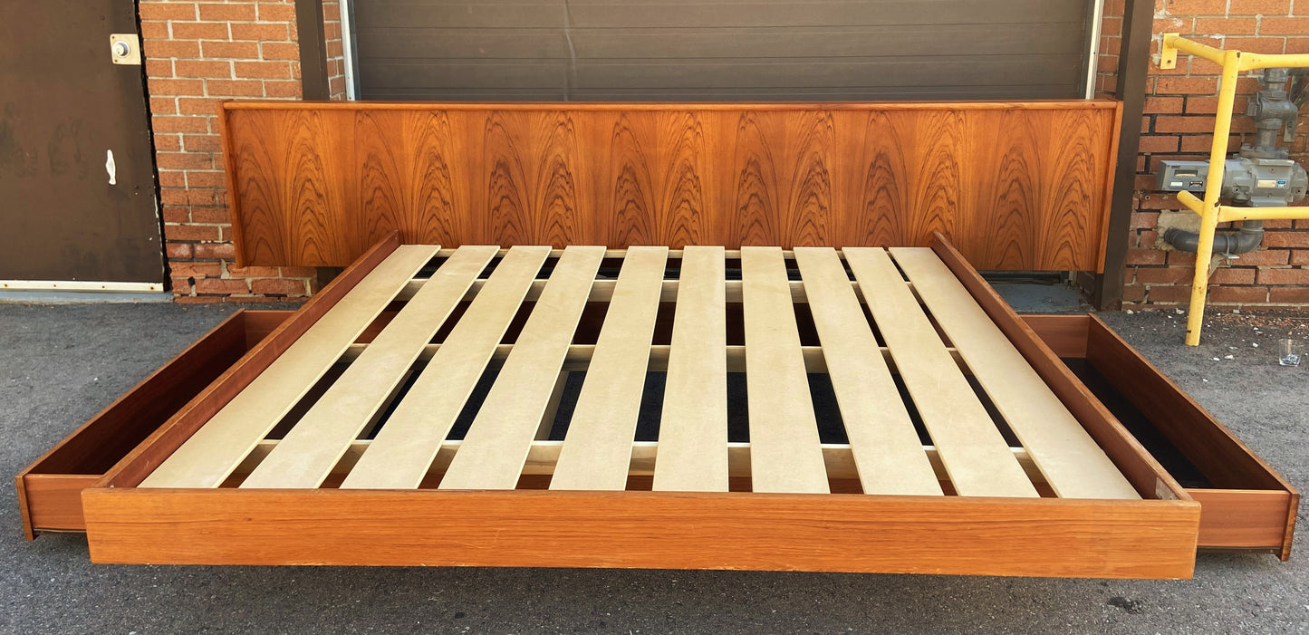 REFINISHED Mid Century Modern Teak King Bed w Storage Drawers & 2 Nightstands