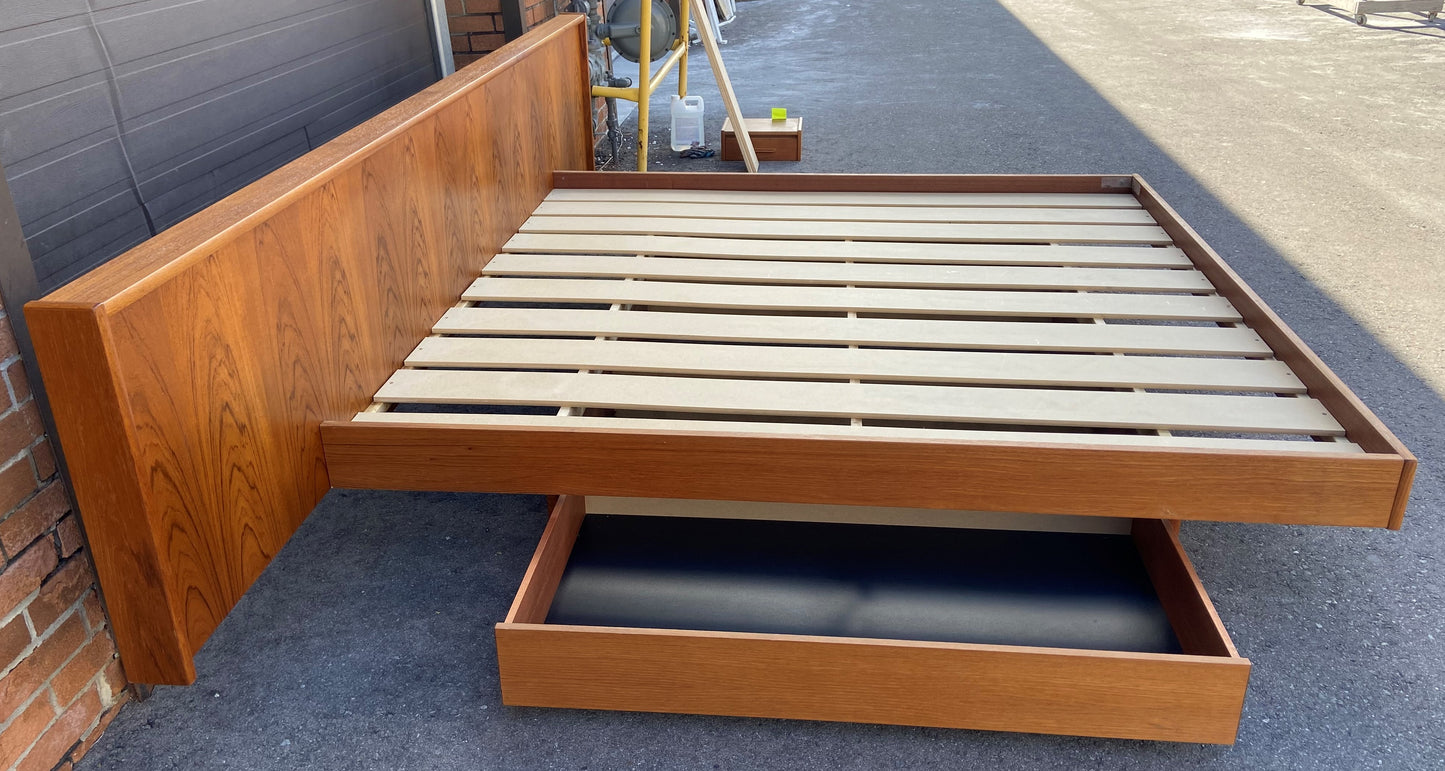 REFINISHED Mid Century Modern Teak King Bed w Storage Drawers & 2 Nightstands