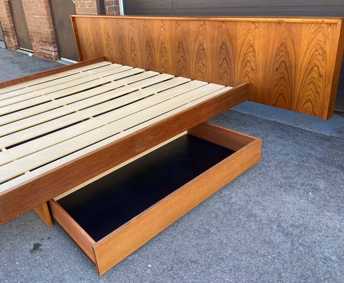 REFINISHED Mid Century Modern Teak King Bed w Storage Drawers & 2 Nightstands