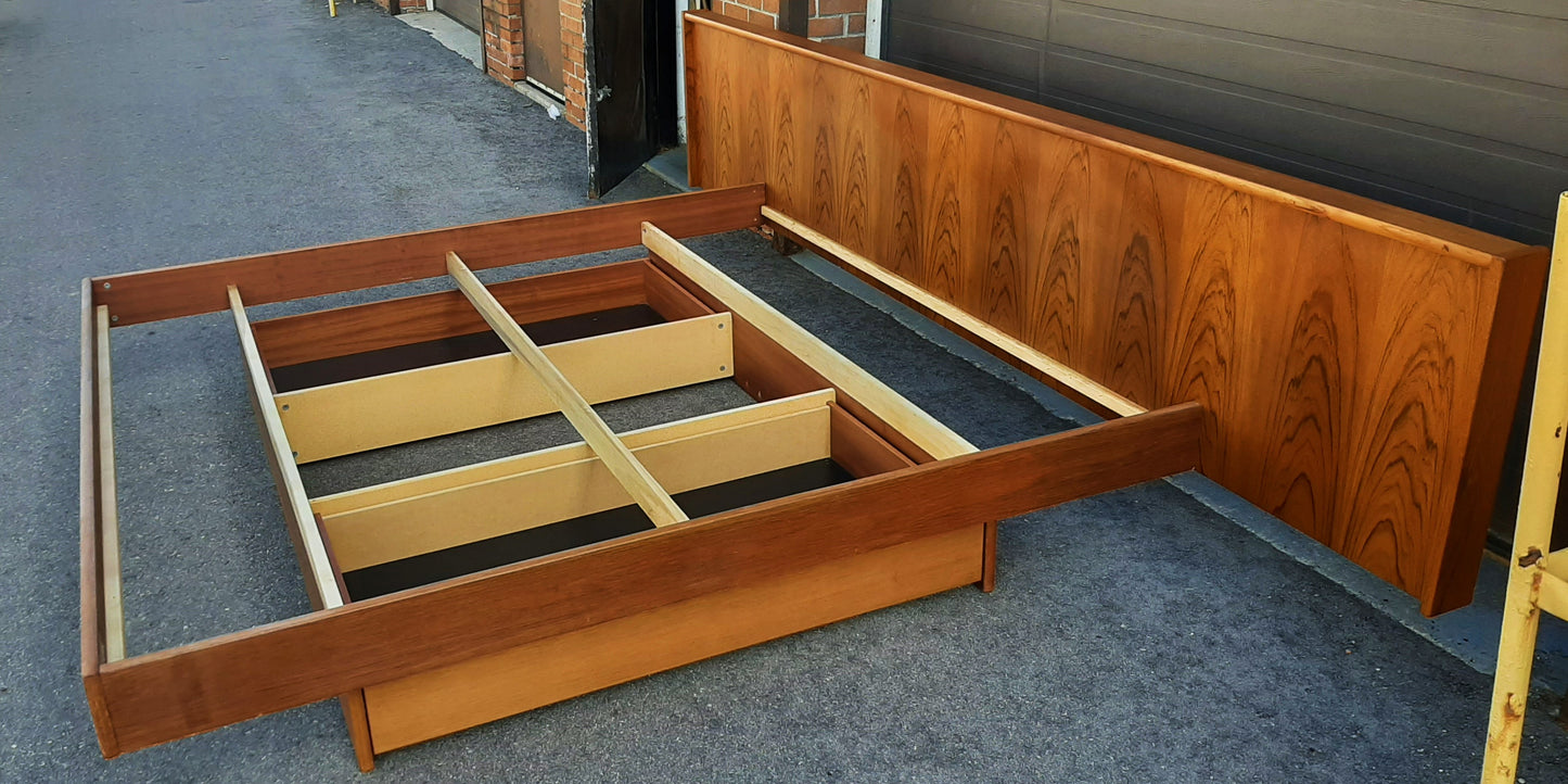 REFINISHED Mid Century Modern Teak King Bed w Storage Drawers & 2 Nightstands