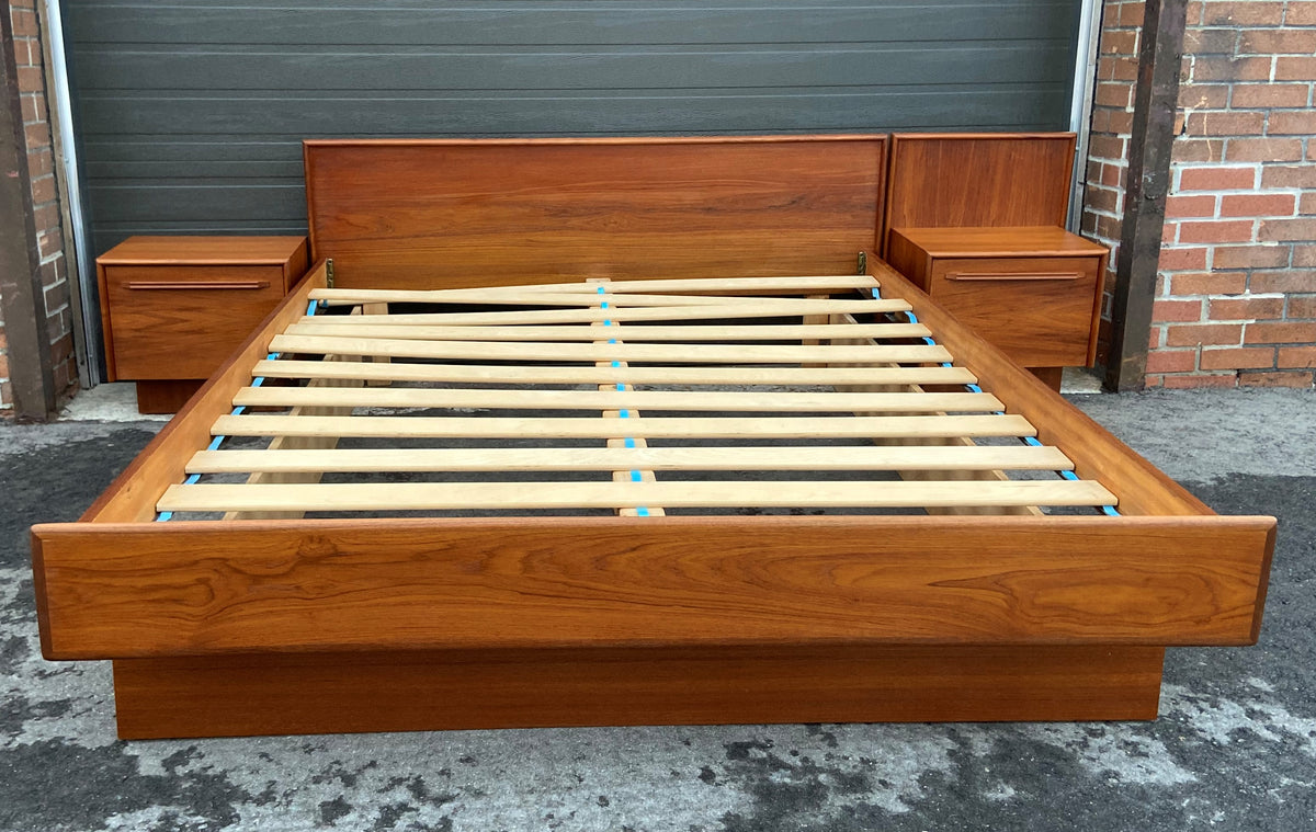 REFINISHED MCM Teak Bed Queen with two separate night stands, PERFECT
