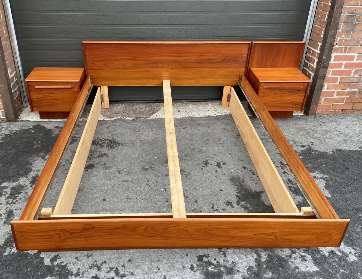 REFINISHED MCM Teak Bed Queen with two separate night stands, PERFECT