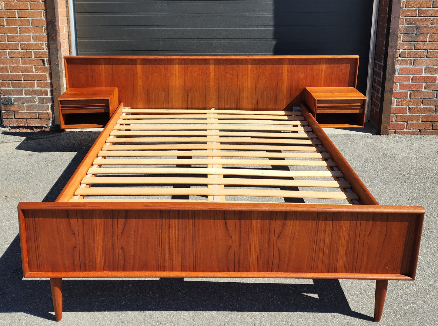 REFINISHED Danish Mid Century Modern Teak Bed w Floating Nightstands Queen