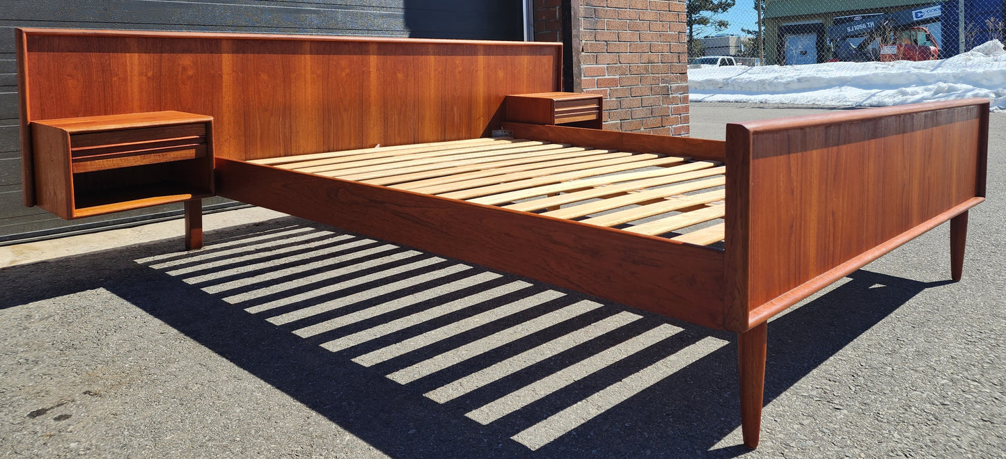 REFINISHED Danish Mid Century Modern Teak Bed w Floating Nightstands Queen