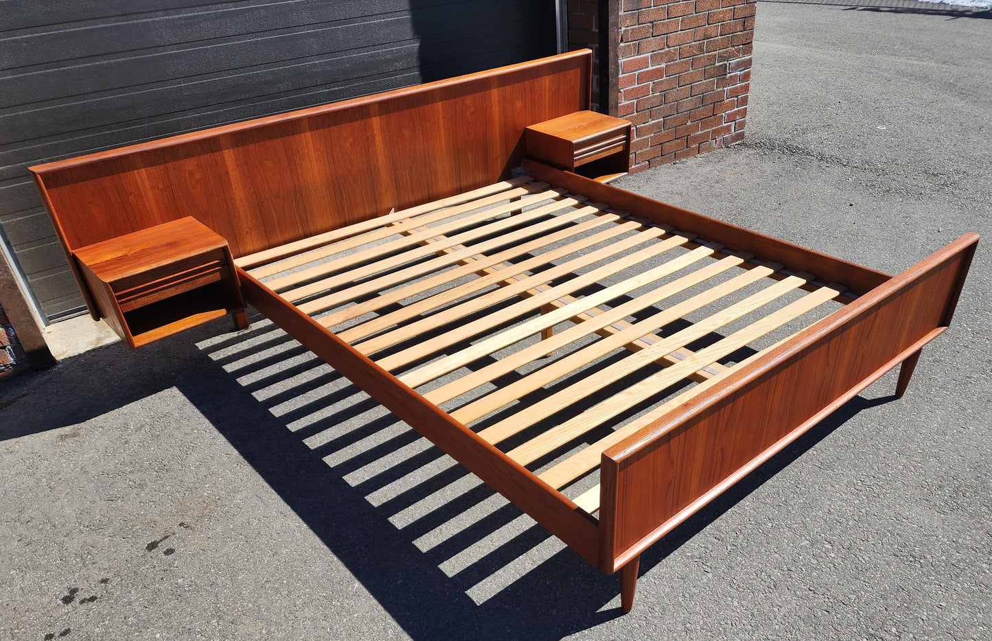 REFINISHED Danish Mid Century Modern Teak Bed w Floating Nightstands Queen